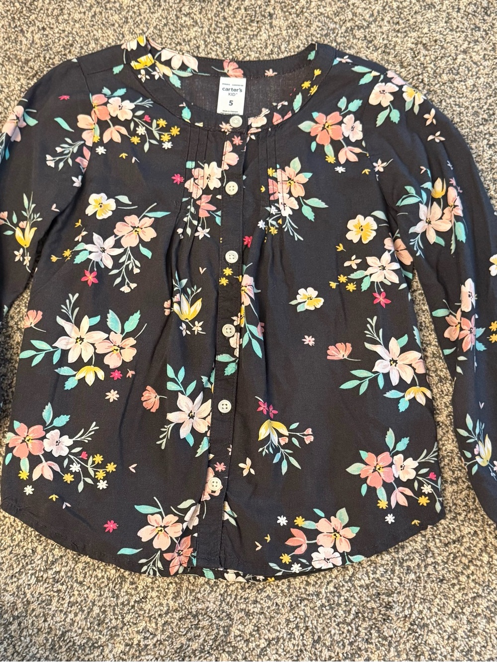 Carter's Black Floral Pintuck Button-Up Top Girls Size 5